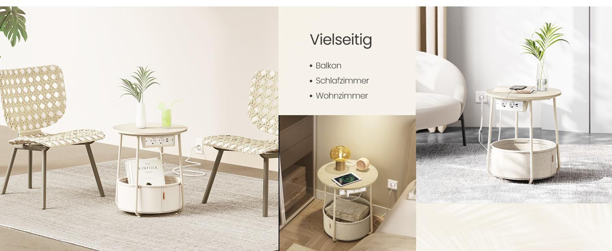 Runder Beistelltisch, kleiner Couchtisch, mit Korb aus Stoff, modern, beige-weiß