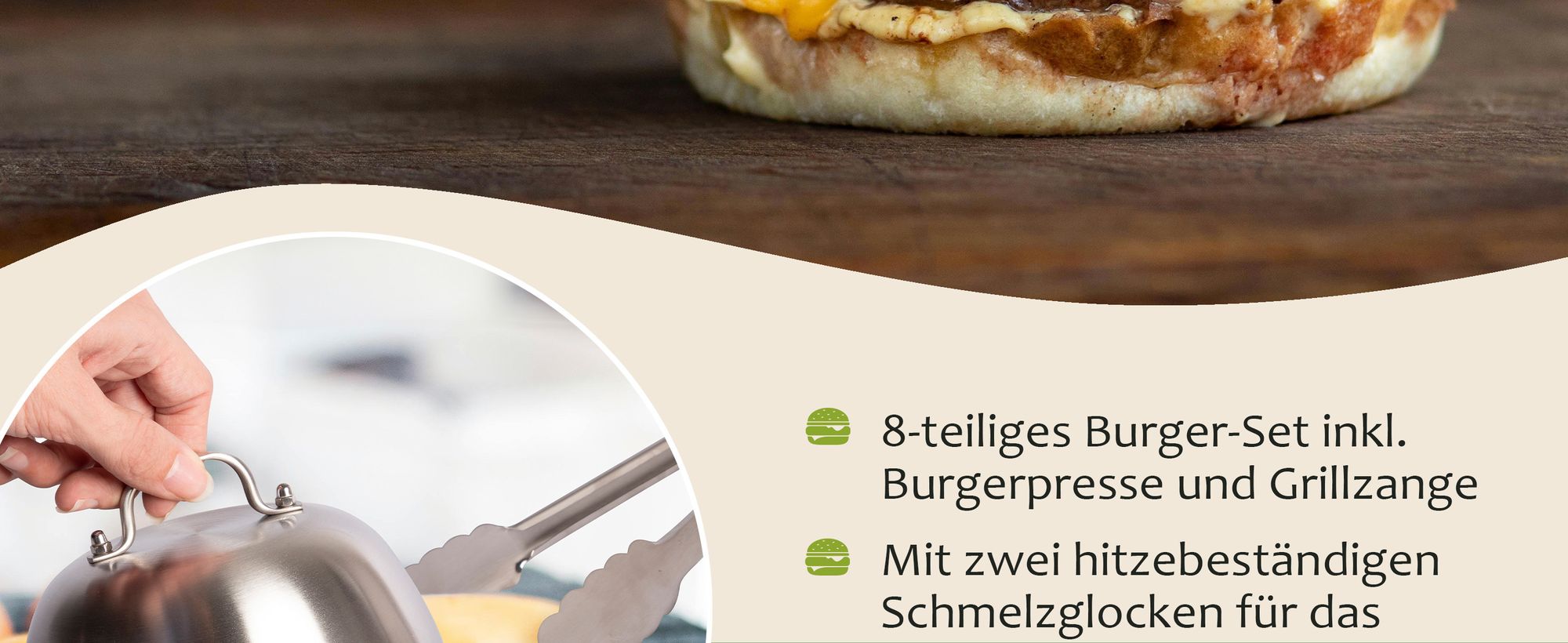 ONVAYA® Burger-Set ǀ 8 Teile inkl. Burgerpresse ǀ Smash-Burger-Set mit Grillmatte und Schmelzglocke