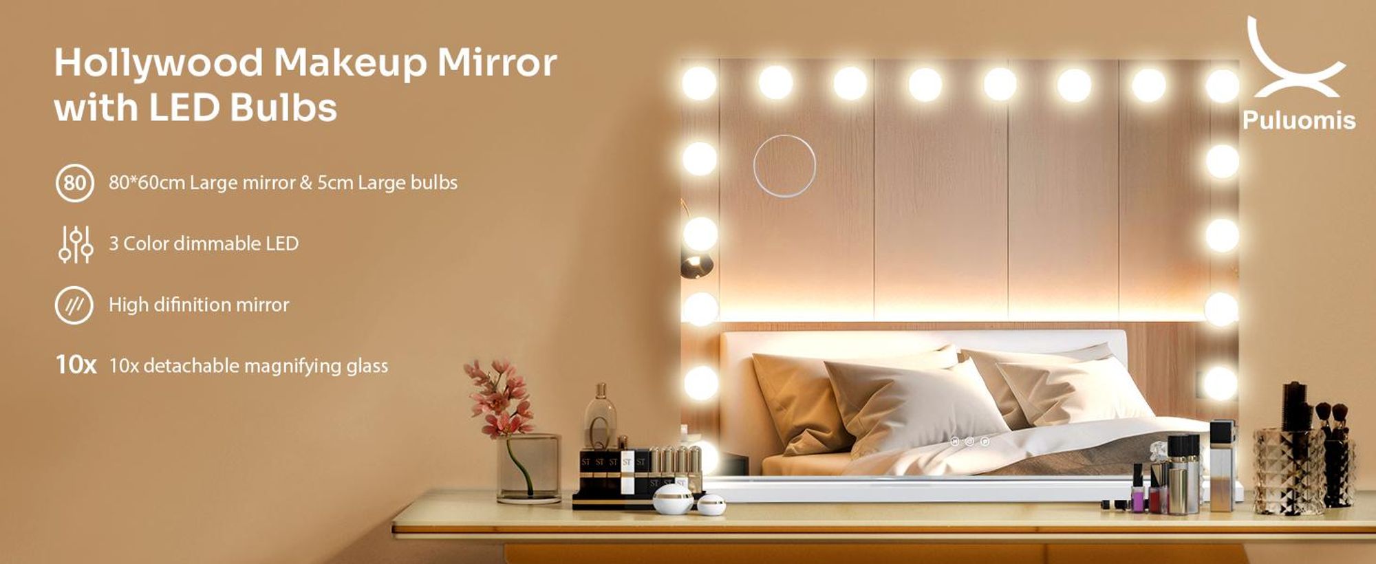 Puluomis toaletní zrcadlo Hollywood 18 LED 80x60cm 3 barvy světla Stmívatelné kosmetické zrcadlo Zrcadlo s osvětlením, 10x nastavitelné rozměry, nástěnné zrcadlo bílé barvy