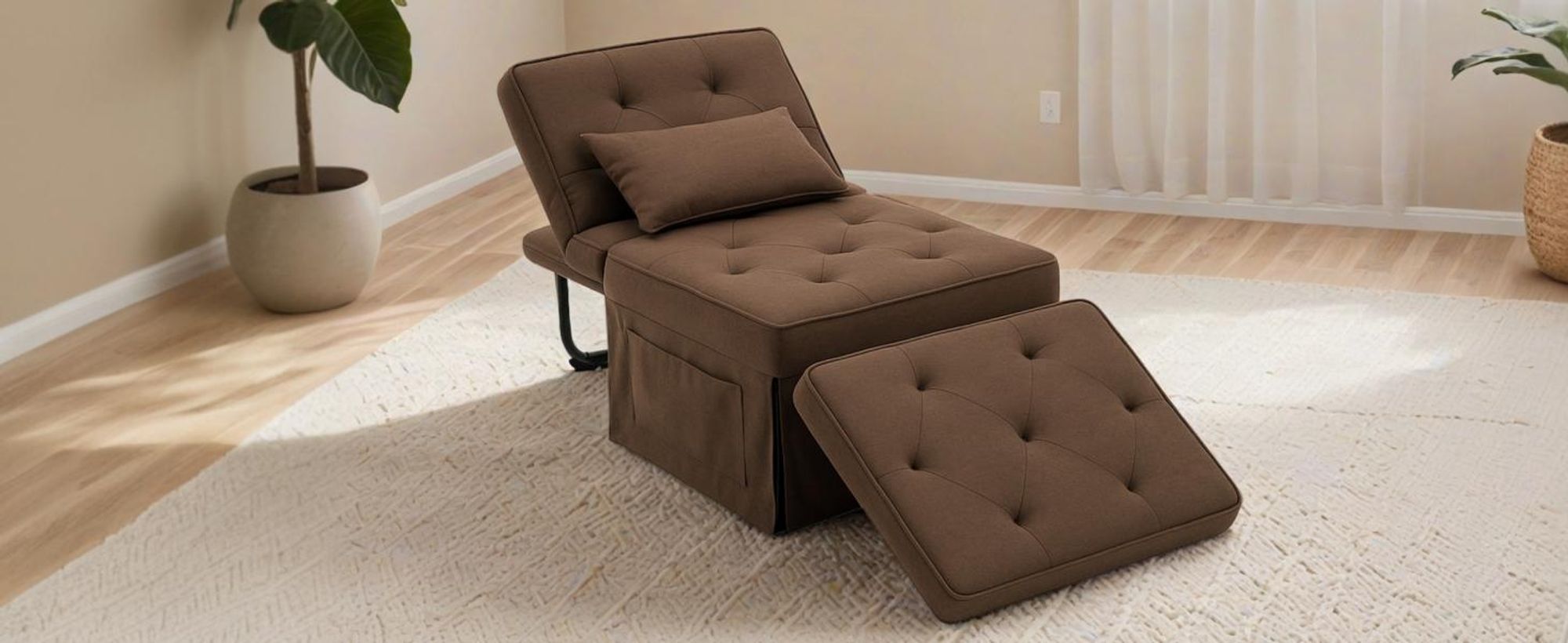 FLEXISPOT 4-in-1 Schlafsofa Klappbett Einzelsofa mit klappbarem Hocker, Kissen & 6-fach verstellbarer Rückenlehne, Schlafsessel für Gästezimmer Khaki