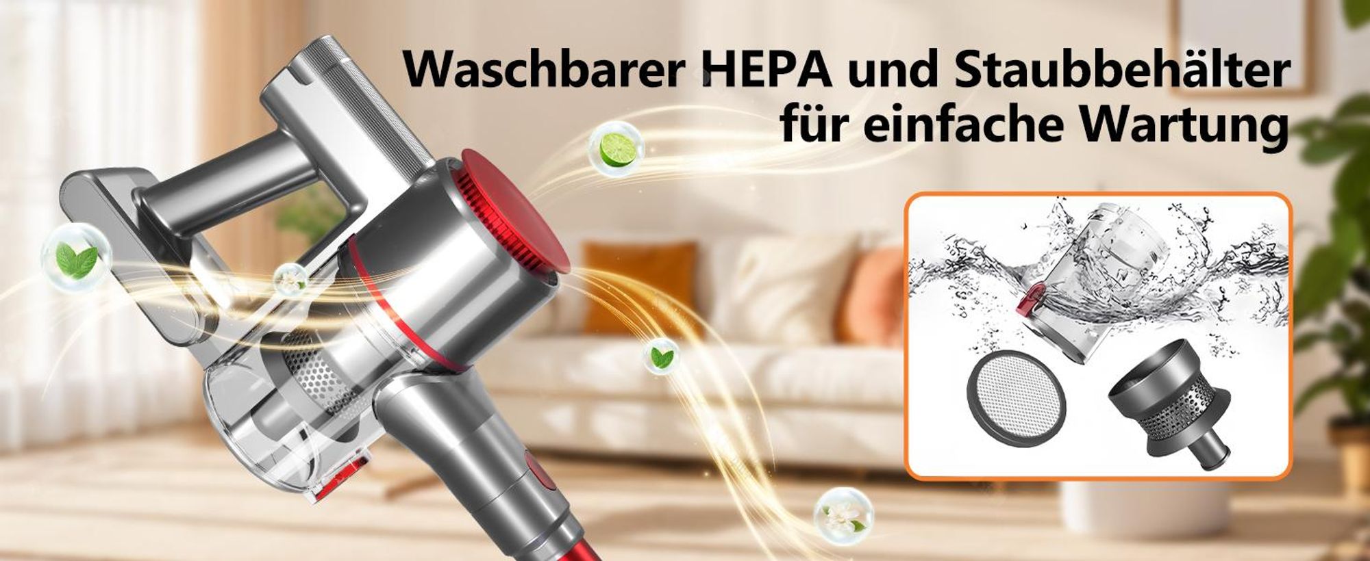 Portreen Akku Staubsauger,HEPAx4,40000Pa Staubsauger kabellos,50 Min, Haushalte mit Haustieren,kabelloser Staubsauger,Anti-Tangle-Staubsauger