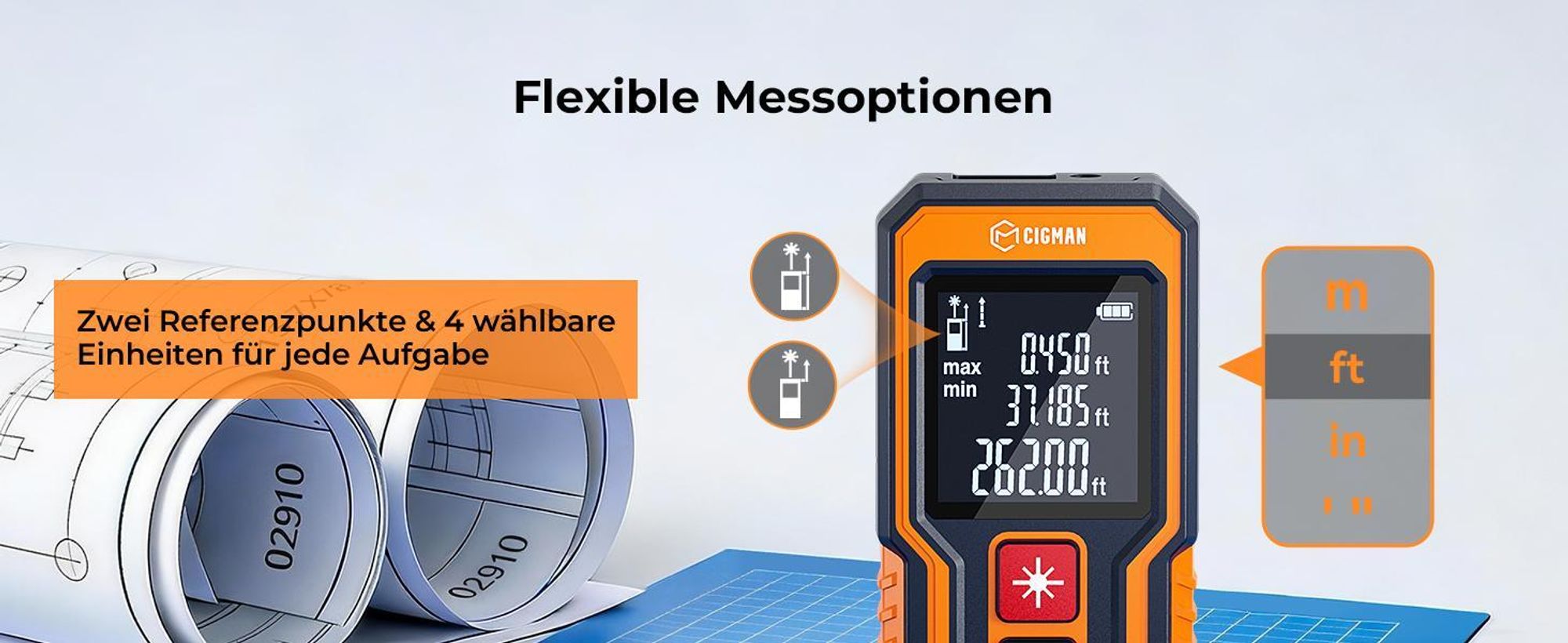 Dalmierz laserowy CIGMAN CD80T, zasięg 80 m, wyświetlacz LCD, akumulator USB-C, stopień ochrony IP54