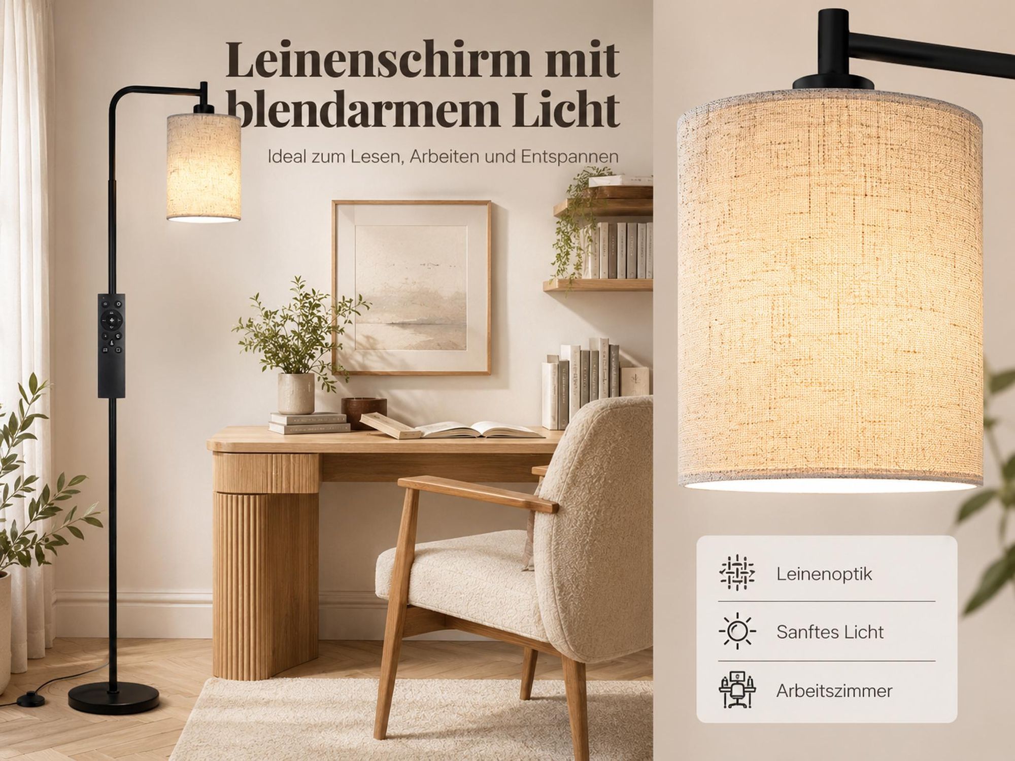 LED Stehlampe Schwarz Fernbedienung, 3000-6500K, dimmbar 20-100%, 12W Leseleuchte mit Lampenschirm, Moderne Ecklampe für Wohnzimmer/Schlafzimmer/Büro