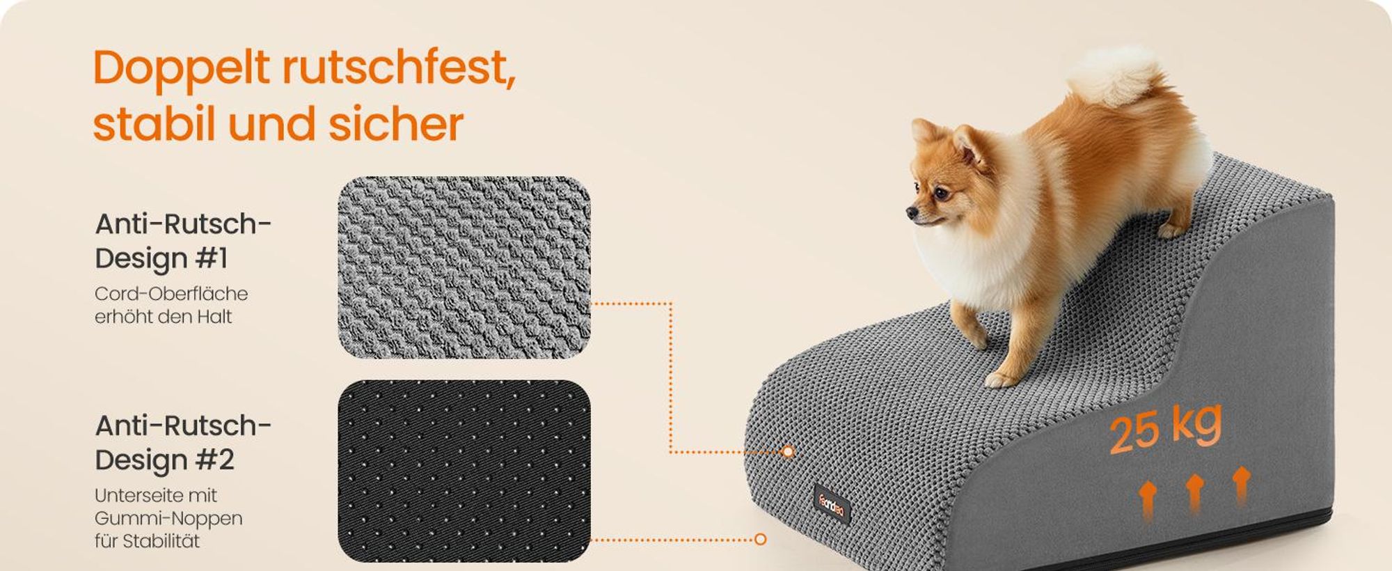 Feandrea Hundetreppe, 2 Stufen, Waffelcord, Haustiertreppe, für Bett, Sofa, wasserdicht, rutschfest, geringe Neigung, abnehmbarer waschbarer Bezug
