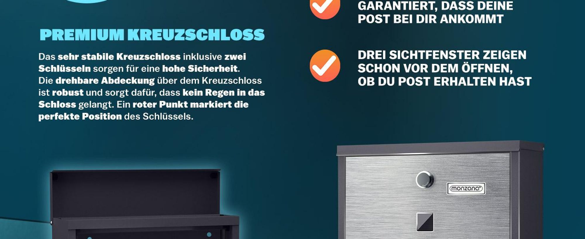 MONZANA® Briefkasten Kreuzschloss mit Kupfer-Schließzylinder drehbare Abdeckung 31x10x34 cm Sichtfenster Namensschild Zeitungsfach legierter Stahl 2 Schlüssel Postkasten Schwarz-Silber