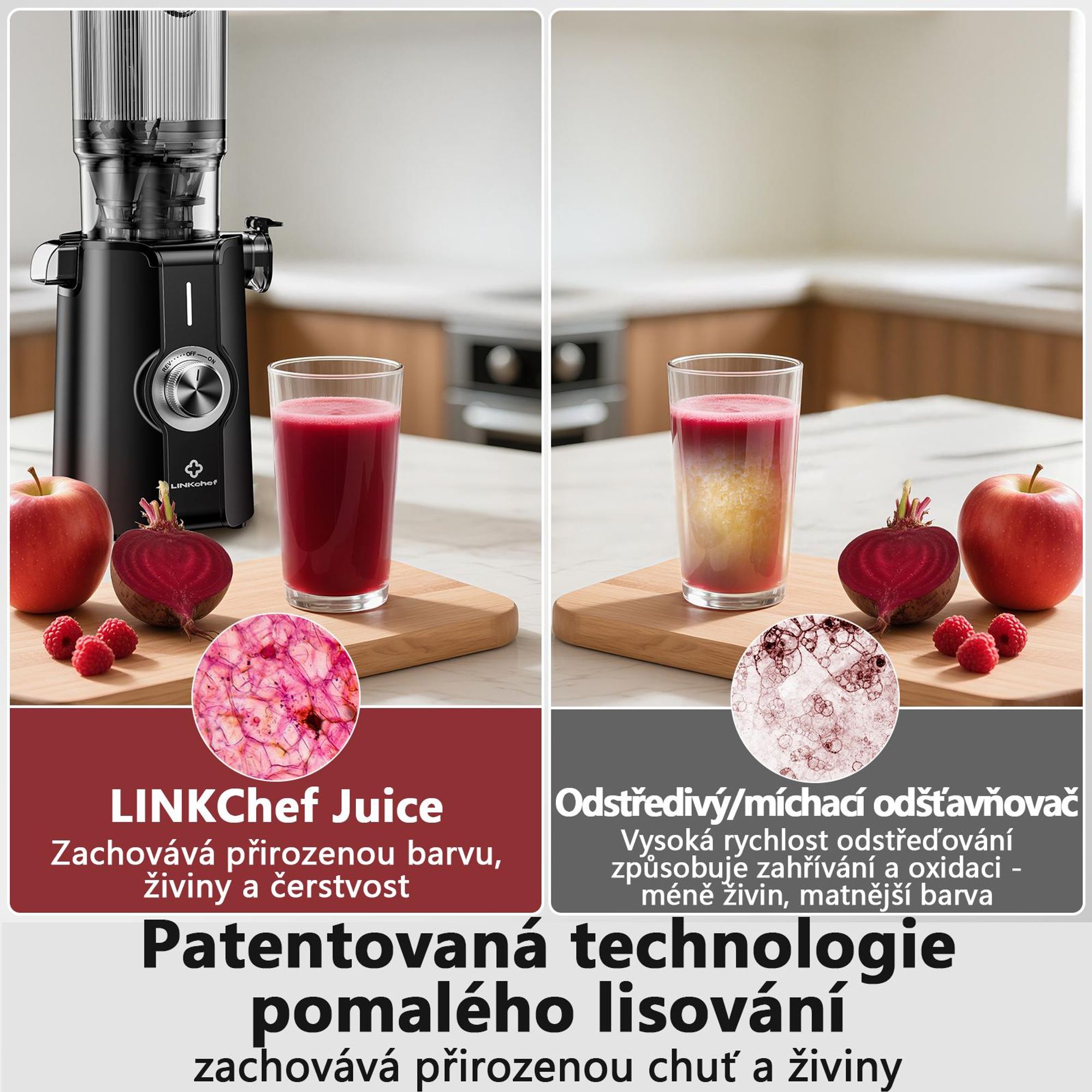 LINKChef SJ-051-EU-BL Pomalý odšťavňovač -  CE 200W Výkon 1.2L Velká kapacita Dva plnicí zásobníky Snadné čištění - černá