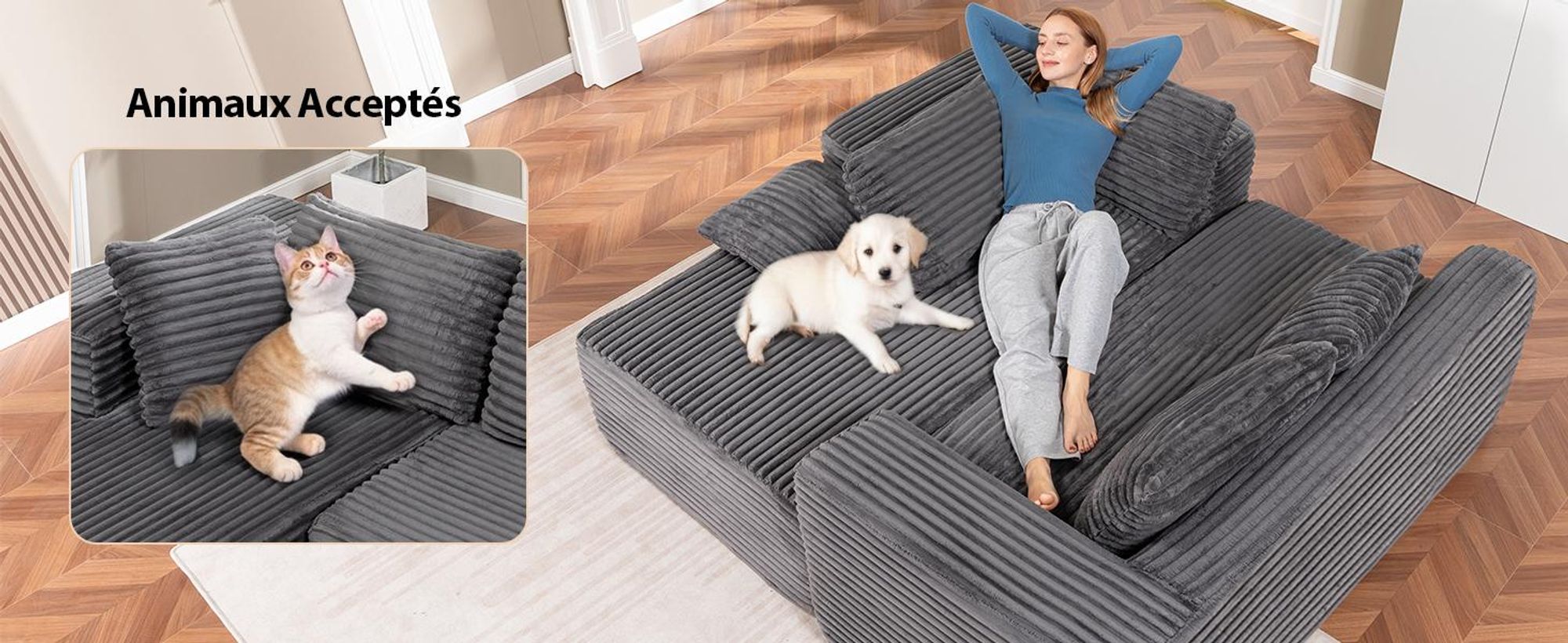 COMHOMA Sofa Big-Sofa, Canapé en L, Canapé d'angle, Chaiselongue Canapé-lit avec assise profonde et larges accoudoirs, tissu velours gris foncé-R