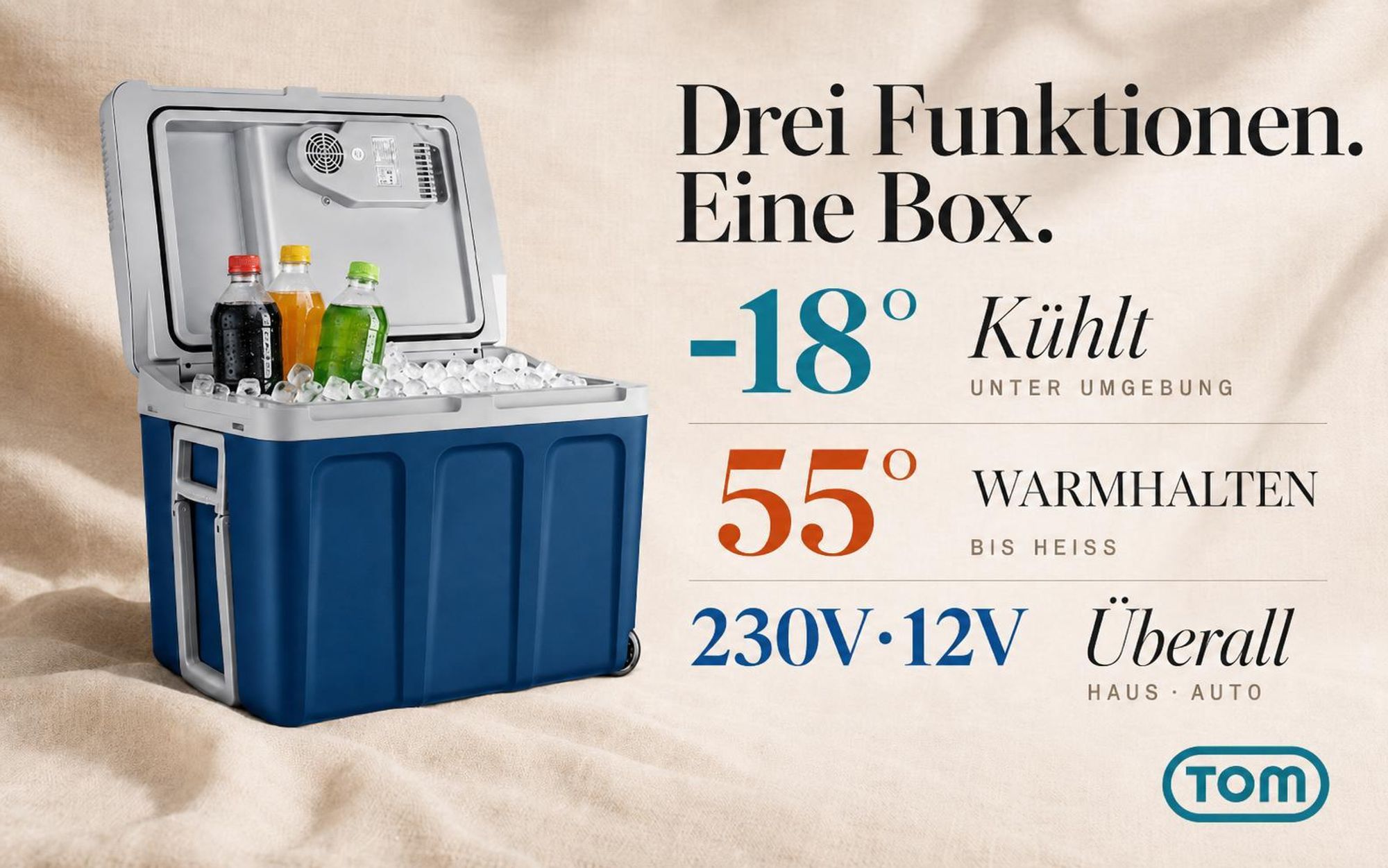Kühlbox mit Handtuch 40 Liter | TOM CB-400 | Kühlen & Warmhalten | 230V 12V | 56×41×39 cm (B×H×T)