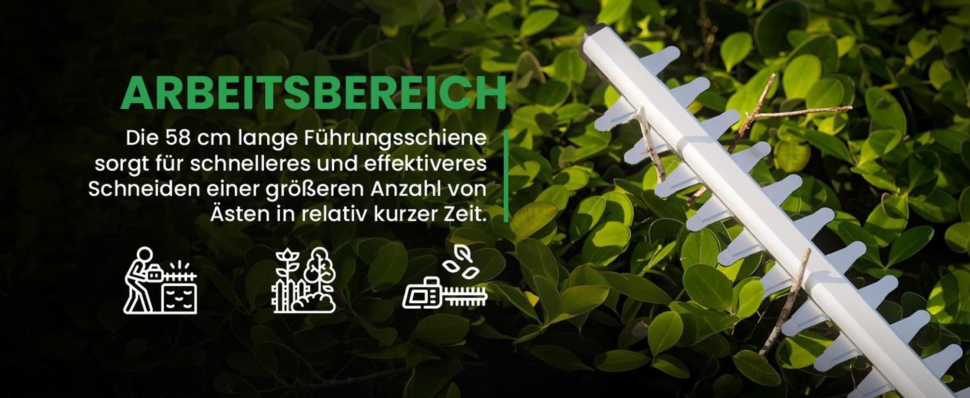 Elektrische Akku-Heckenschere 20V, 58cm Schnittlänge, 2Ah Akku