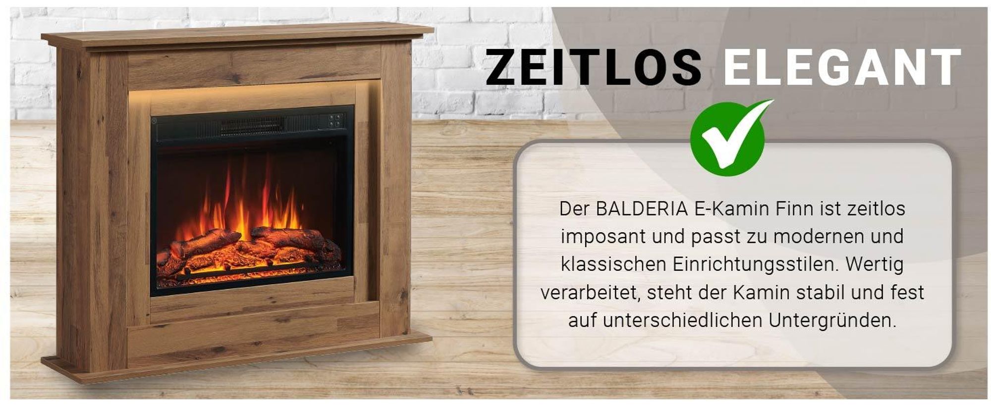 Das Bild zeigt den elektrischen Standkamin Finn der Marke BALDERIA in der Farbe Dunkle Eiche