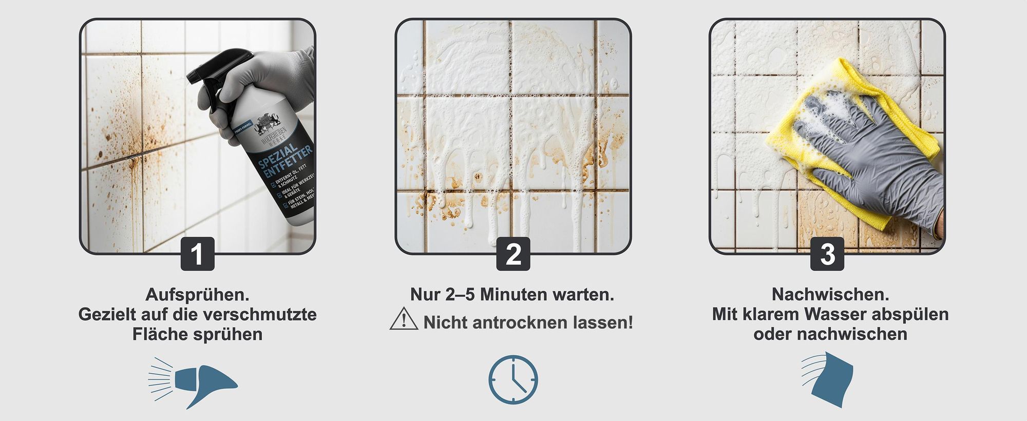 Anwendung vom Entfetter auf verschmutzten Fliesen: Sprühen, 2–5 Min einwirken, mit Tuch nachwischen.
