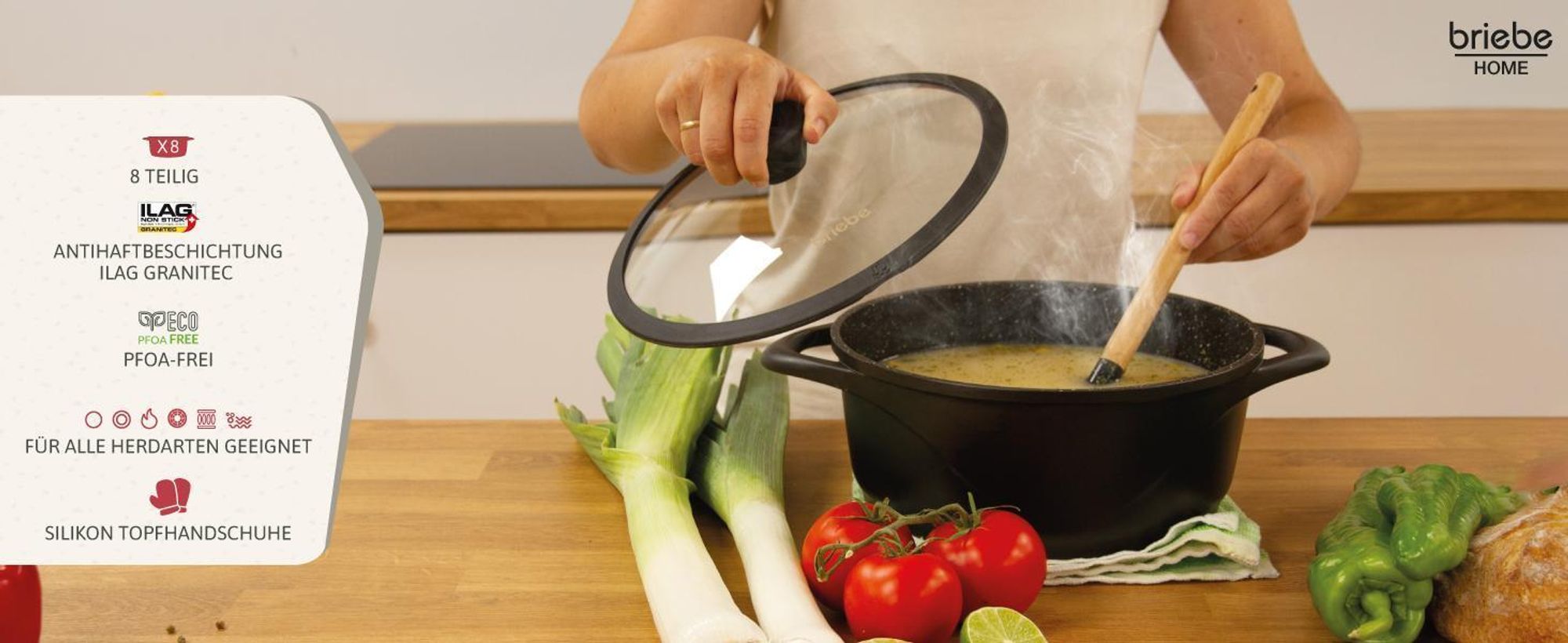 Briebe MGK12S Kochtopf Set Induktions 8-Teilig Aluminiumguss 4 Kochtöpfen 4 Glasdeckel Schwarz