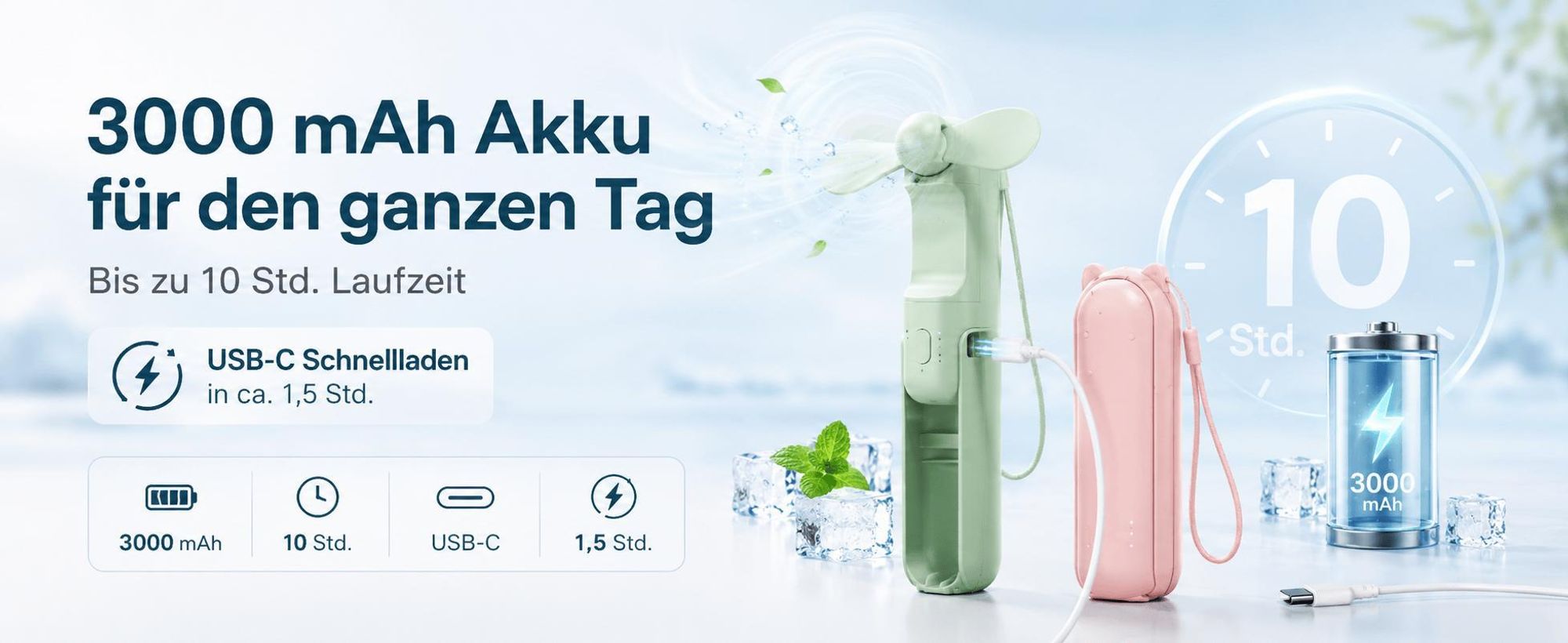 Handventilator USB Mini 3 Windstufen, 10 Stunden Laufzeit, Extrem Starker Wind