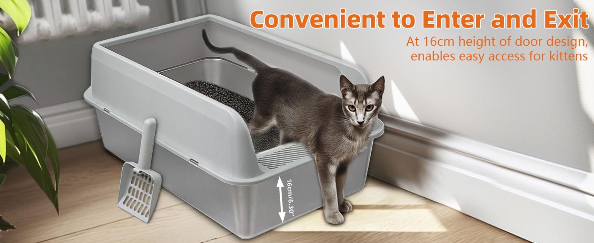 FATIVO XXL Edelstahl Katzenklo Offen: Katzentoilette Nicht-haftend mit Schaufel, Große Offene Katzen Toilette 33×52×29 cm