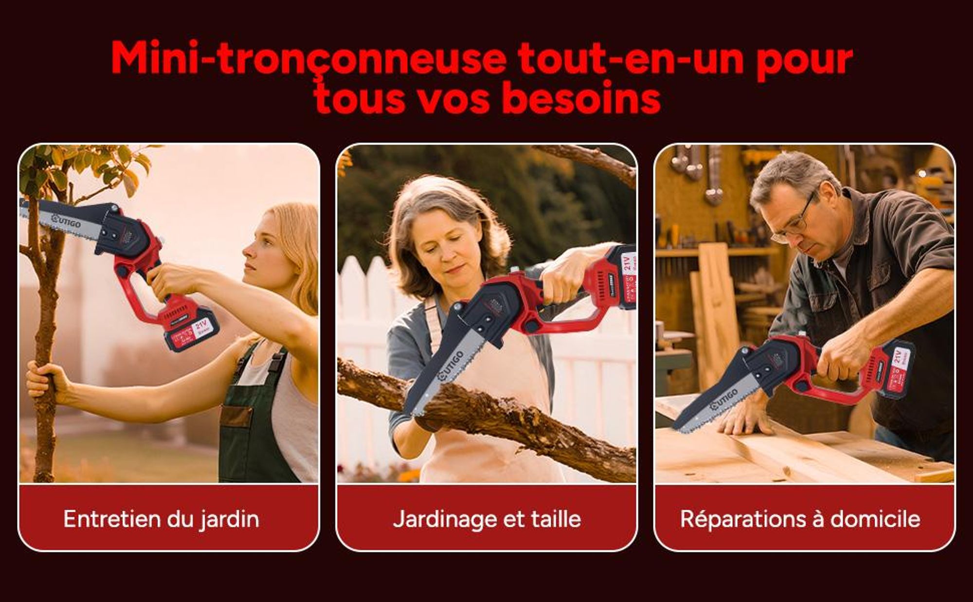 Tronçonneuse à batterie 8 pouces, tronçonneuse sans fil OUTIGO 1000 W, 2 batteries 21 V 3000 mAh, outil de jardinage puissant pour couper les branches