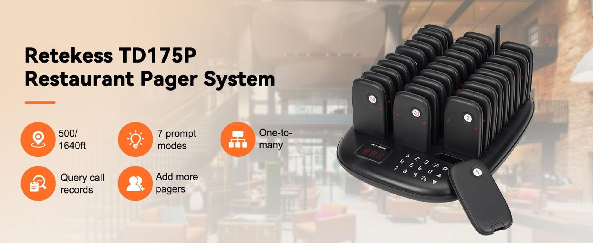 Retekess TD175P Restaurant-Pager-System, 30Pagers, 800M Pager Rufsystem, 7 Rufmod, Pager Pieper für Food Court, Café, Bar, Gastronomie,walkie talkie