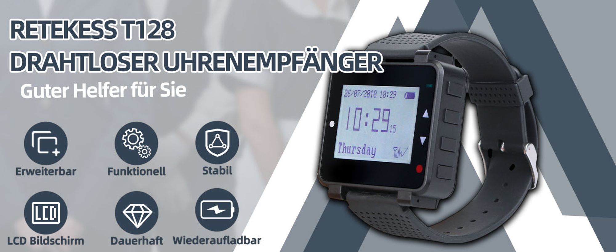 Retekess T128 Wireless Caregiver Pager Kellner Uhrenempfänger für TD007 und T117 Button im Restaurant Hospital Nursing Home