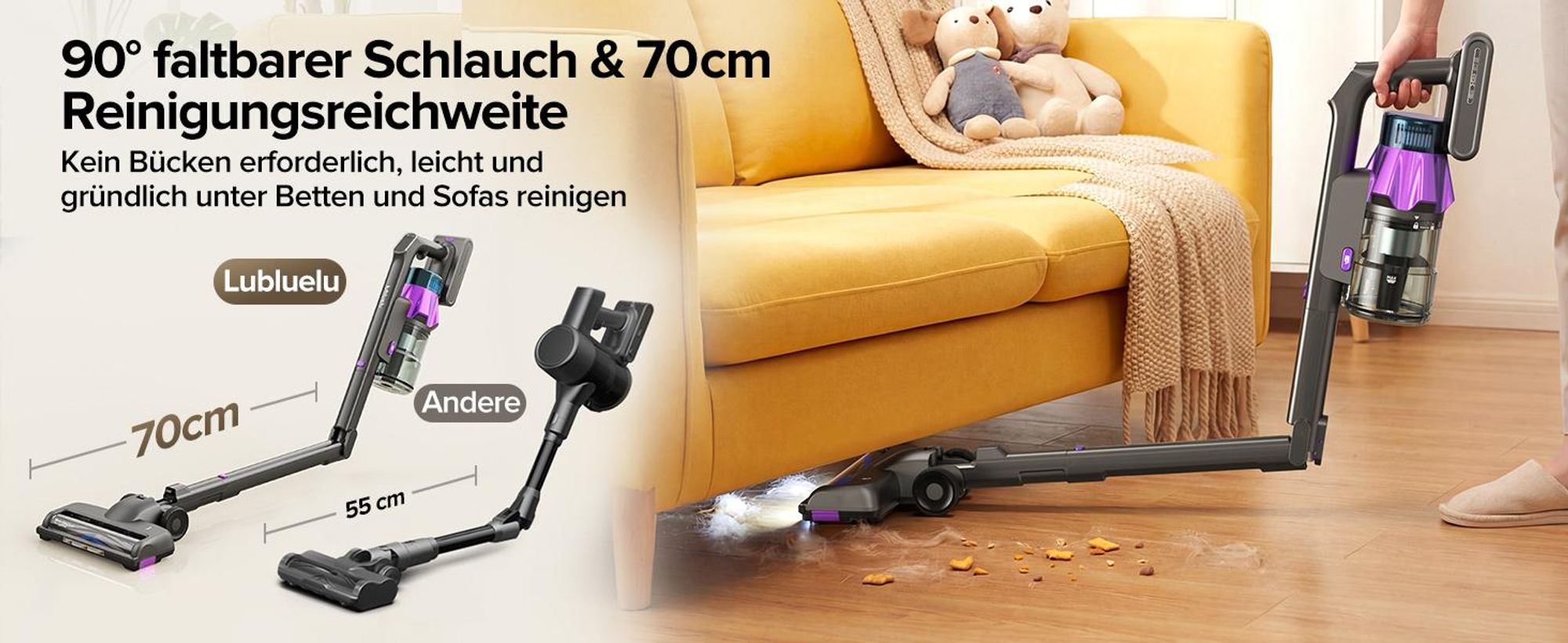 Lubluelu Akku-Staubsauger,85000PA/ 650W/70Min, Staubsauger Kabellos Mit Selbststehendes Design, Flexibles Biegegelenk, Anti-Tangle Bodenbürste,G30