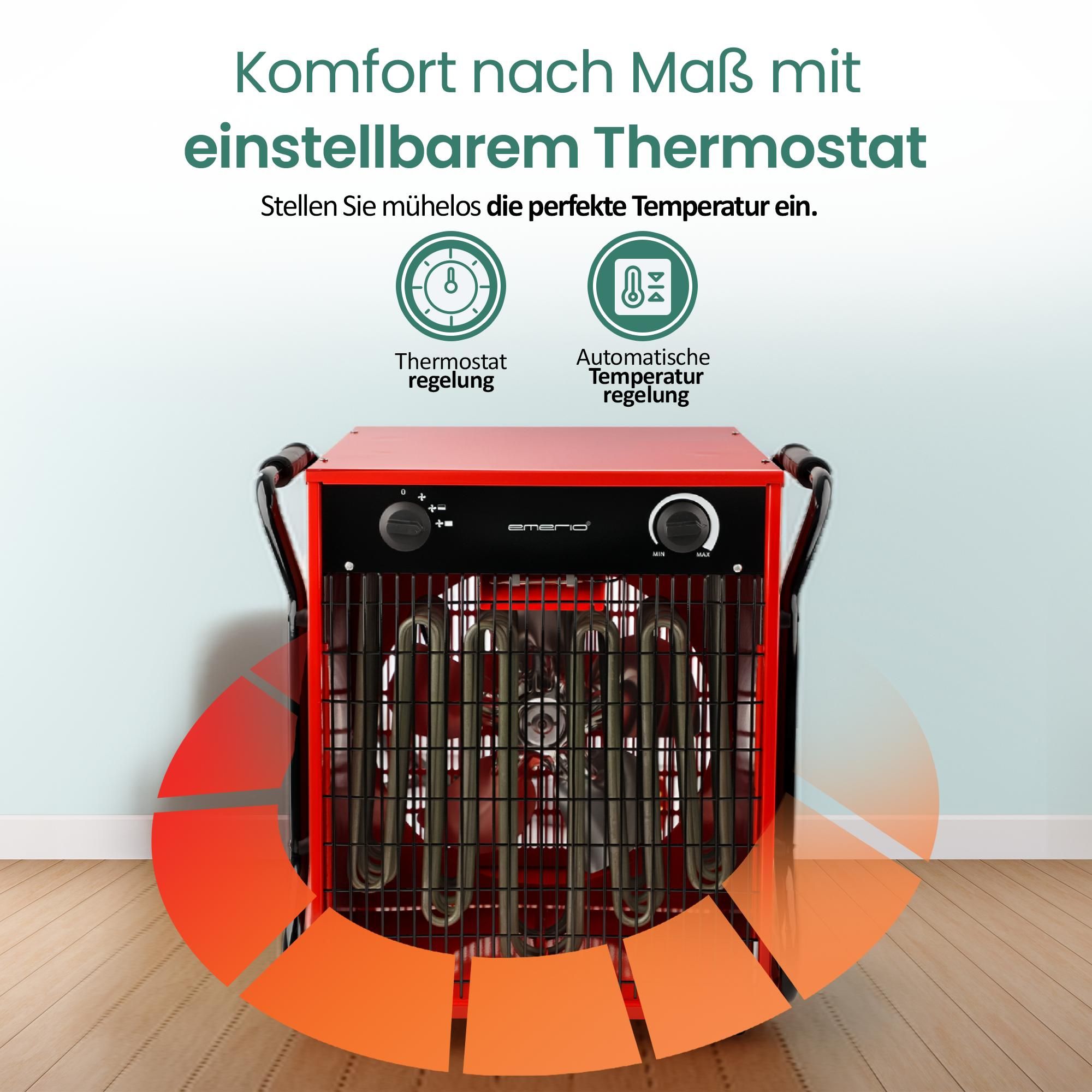 Emerio Power-Heizlüfter FH-117330 – Bauheizer – 150 m² - 15.000 W – 400 V – 2 Heizstufen – einstellbarer Thermostat - IP24 - Kippschutz