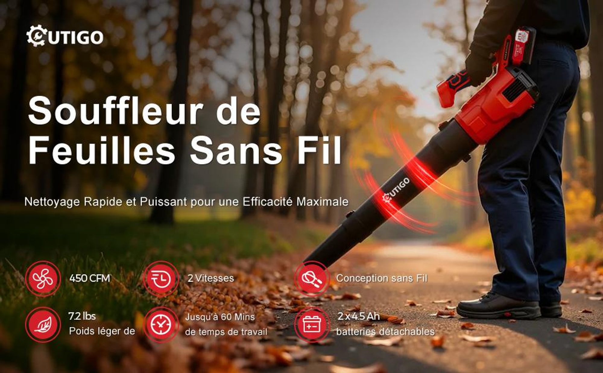 Souffleur de feuilles sans fil 001 (2*21v 4.5Ah accu, batterie et chargeur), pour l'entretien du gazon, l'élimination des feuilles/de la boue/de la neige/de la poussière de voiture