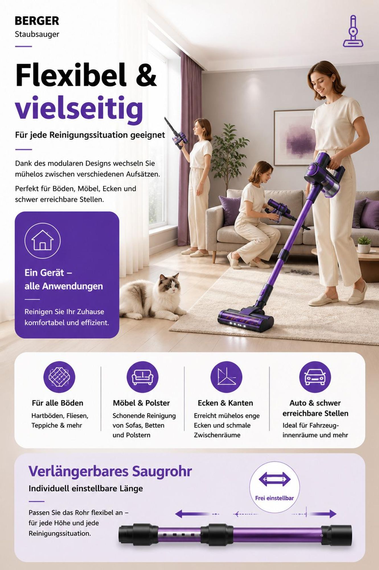 BERGER Akku Staubsauger, Staubsauger, Kabellos, 70000 Pa , 60 min Laufzeit, Stielstaubsauger, Berger, 1.8L, Sauger mit Touch, Tierhaar,