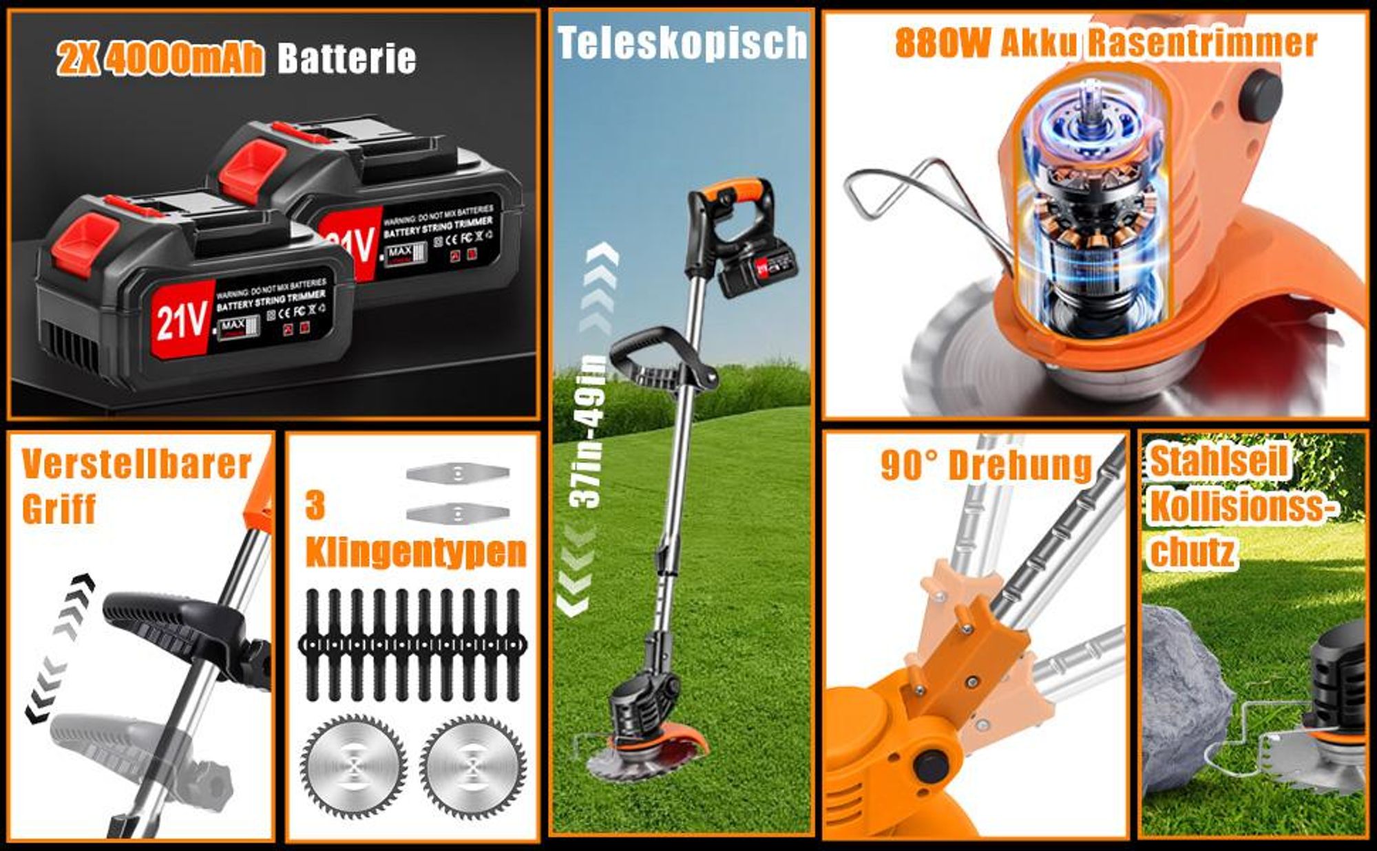 Akku Rasentrimmer, Freischneider, Motorsense, mit 2 x 4000mAh Akku und Ladegerät, Teleskop-Stiel & Zusatzhandgriff, mit Rädern