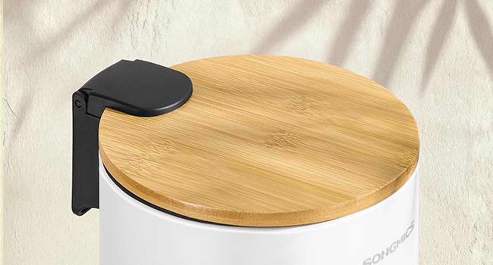 SONGMICS Mülleimer Bad 3 Liter, Kosmetikeimer mit Bambusdeckel aus Bambus, Tretmülleimer für Badezimmer, weiß