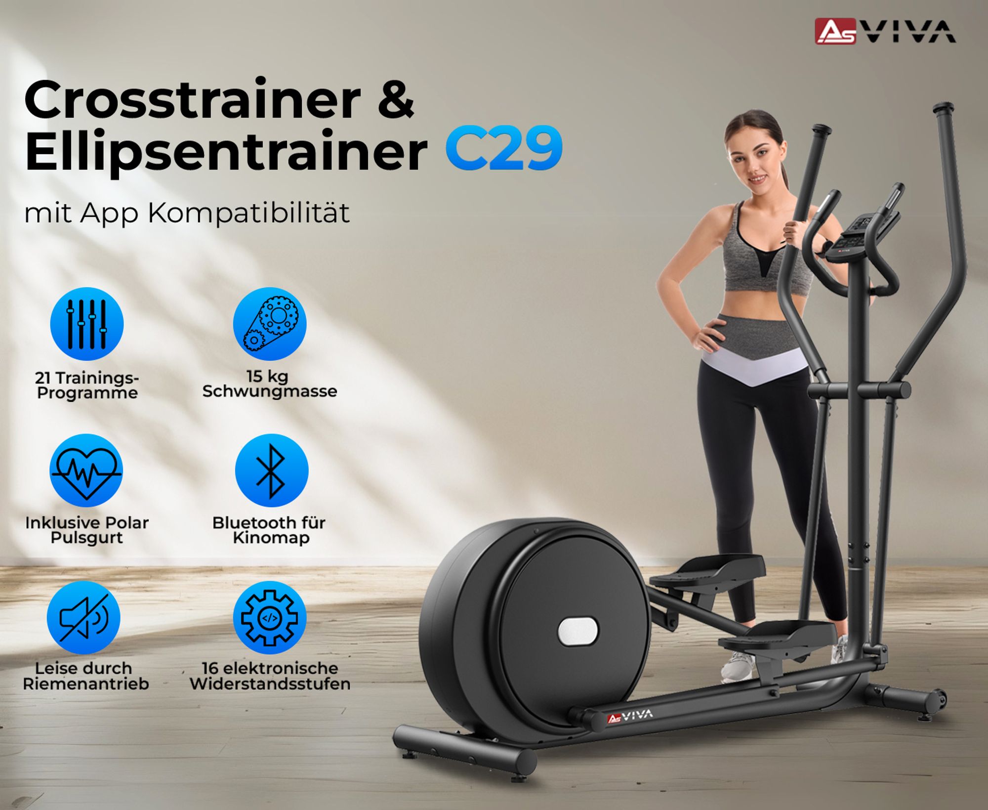 Crosstrainer Heimtrainer für Zuhause AsVIVA C29 Pro Bluetooth 21 Programme
