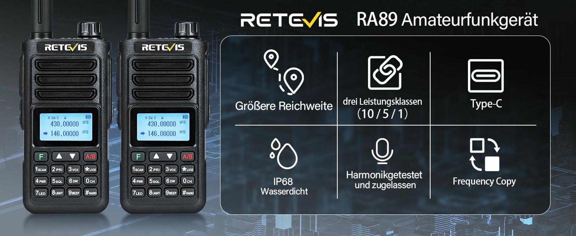 Retevis RA89 Amateurfunk, Hohe Leistung, IP68 Wasserdicht, Dualband, VFO, 2500 mAh Akku, Wiederaufladbares Walkie-Talkie Typ C(2 Stück, Schwarz)