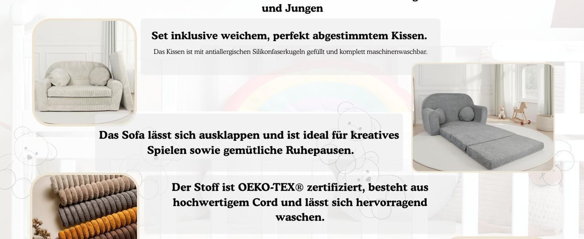 Kindersofa groß Cord in Dunkelblau mit Verlängerung, bequem & klappbar