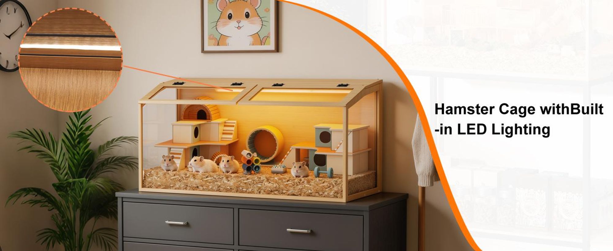 WISFOR Hamsterkäfig mit LED Leuchte, Kleintierhaus aus Holz, Mäusekäfig mit klappbarem Deckel, Sichtfenster, 100.7x50x50m