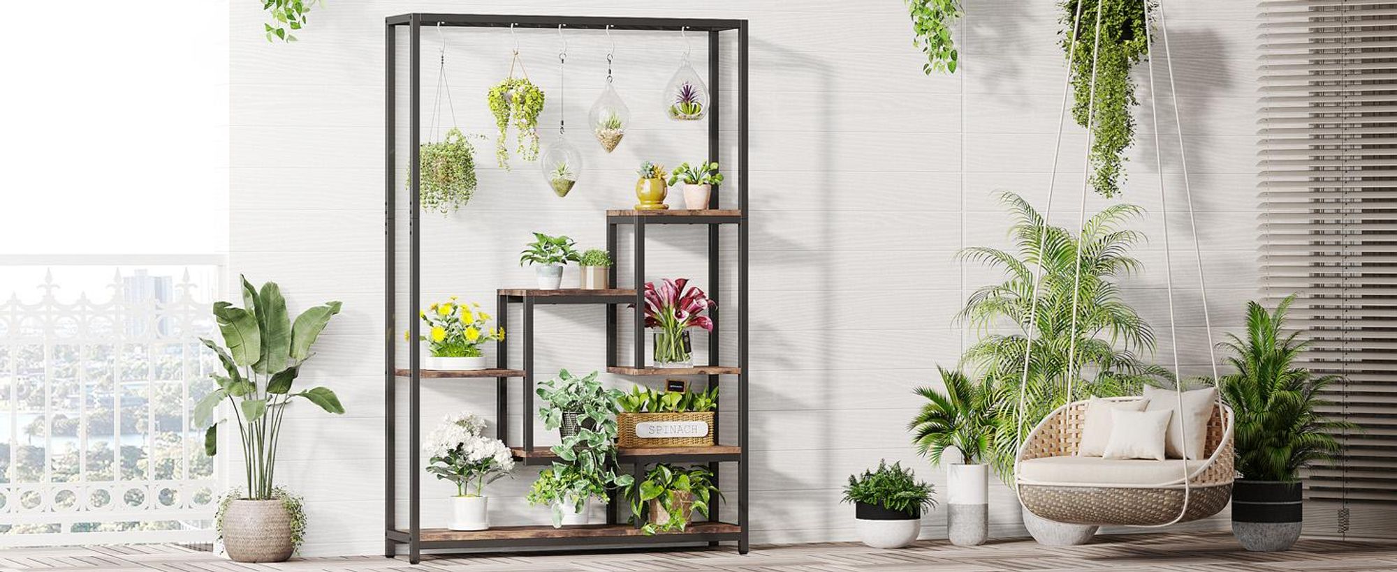 Tribesigns Porte-fleurs, Étagère pour plantes à 5 niveaux avec 10 crochets en S, 180cm de haut Porte-plantes en métal Étagère pour fleurs pour balcon intérieur Salon (Marron)