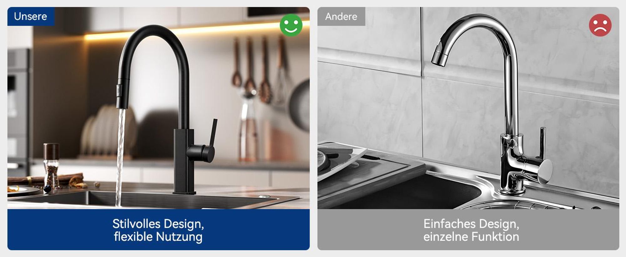 Ausziehbar Wasserhahn Küche Schwarz, 360° Drehbar Spültischarmatur, Cecipa Edelstahl Küchenarmatur, Einhandmischer, 2 Strahlarte  Wasserhahn Küche