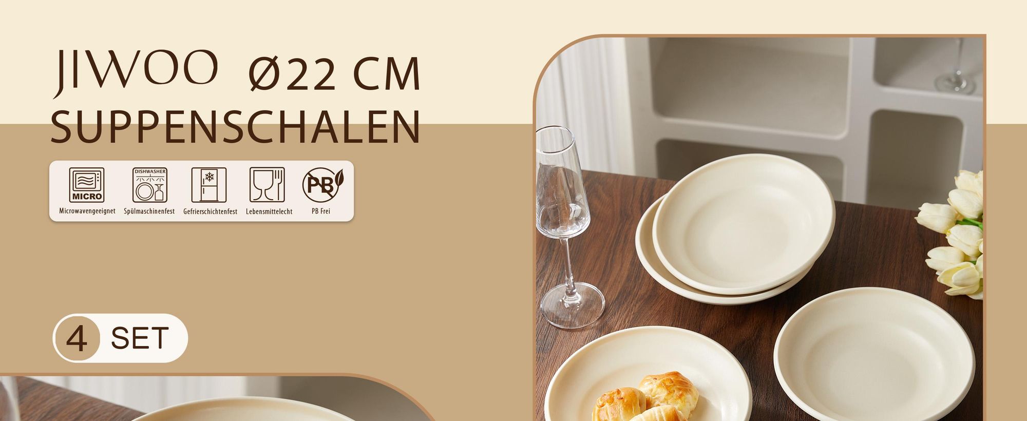 Teller set 4Stück Ø22 cm Keramik Speiseteller Suppenteller Pastateller Tiefteller Set für 4 Personen Matt-Glasur Mikrowellen- und Spülmaschinenfest