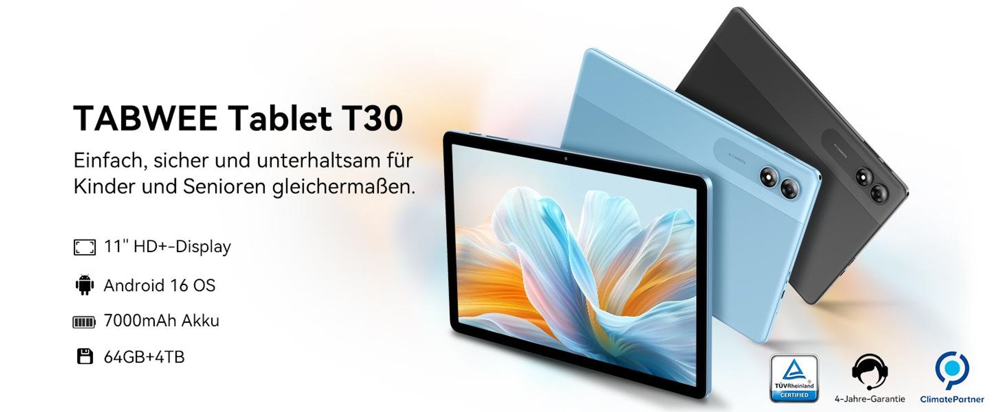 T30 Android16 11 Zoll Tablet, IPS, 4GB+64GB (bis 4TB erweiterbar), 7000mAh, Gemini AI, 5G Hz WIFI, Bluetooth 5.4, GPS, Kinder-/Lese-/Videomodus