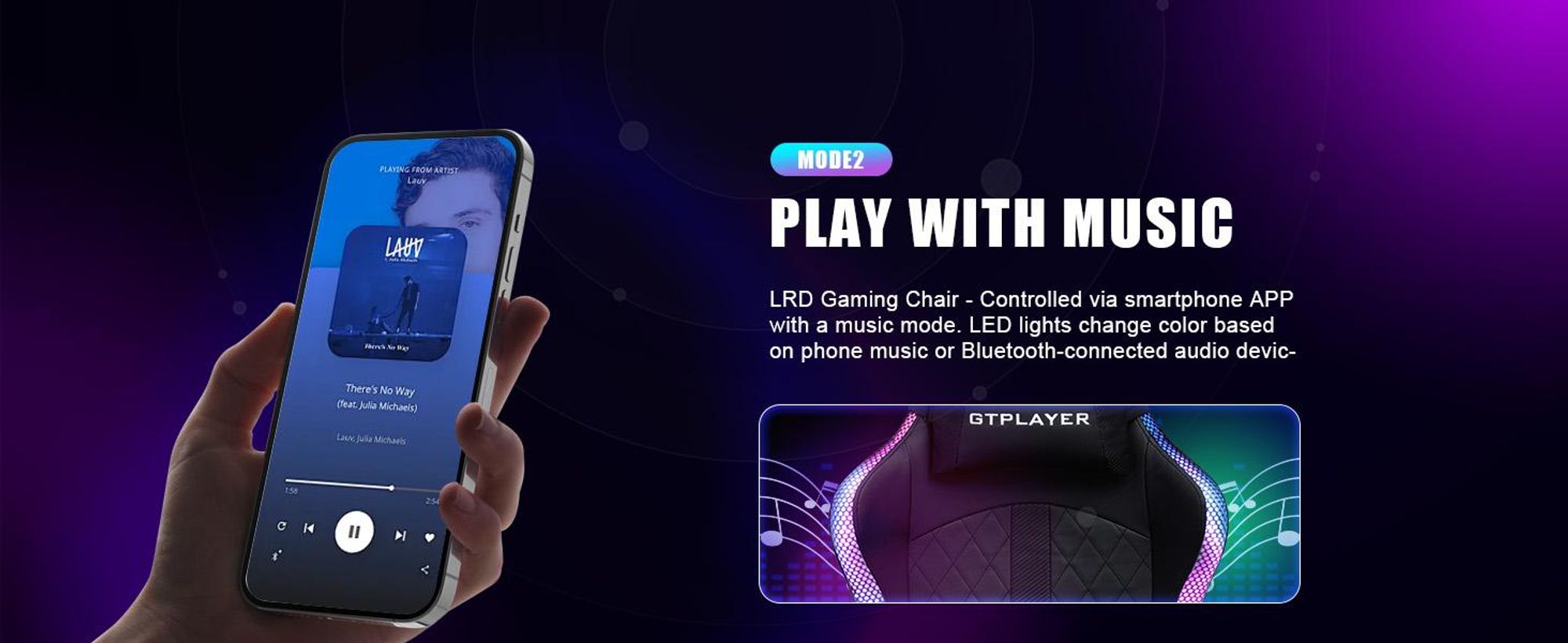 GTPLAYER Gaming Stuhl mit Lautsprecher und LED, Bürostuhl Gaming Chair Gamer Stuhl, Rückenlehne mit Aufbewahrungstasche Ergonomischer PC Stuhl schwarz