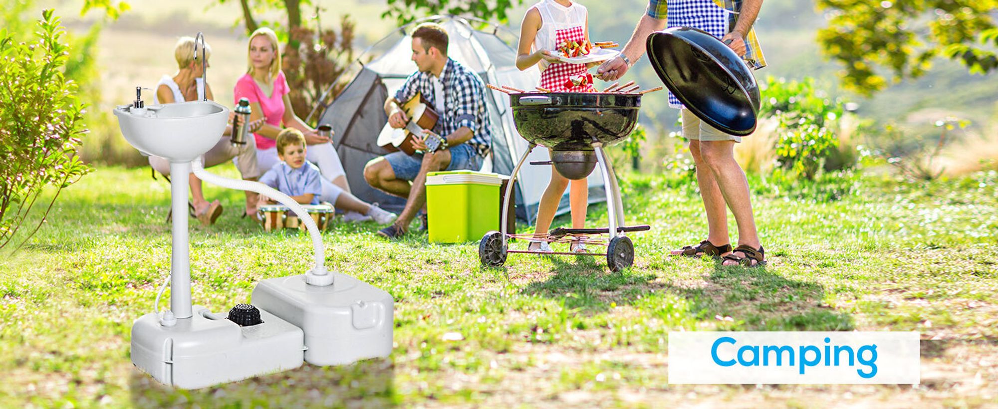 Outsunny Camping Waschbecken Handwaschbecken mit Auffangbehälter für Abwasser 17L Wassertank Spülbecken mit Spender für Flüssigseife Fußpumpe mobil HDPE Grau 83 x 50 x 103 cm