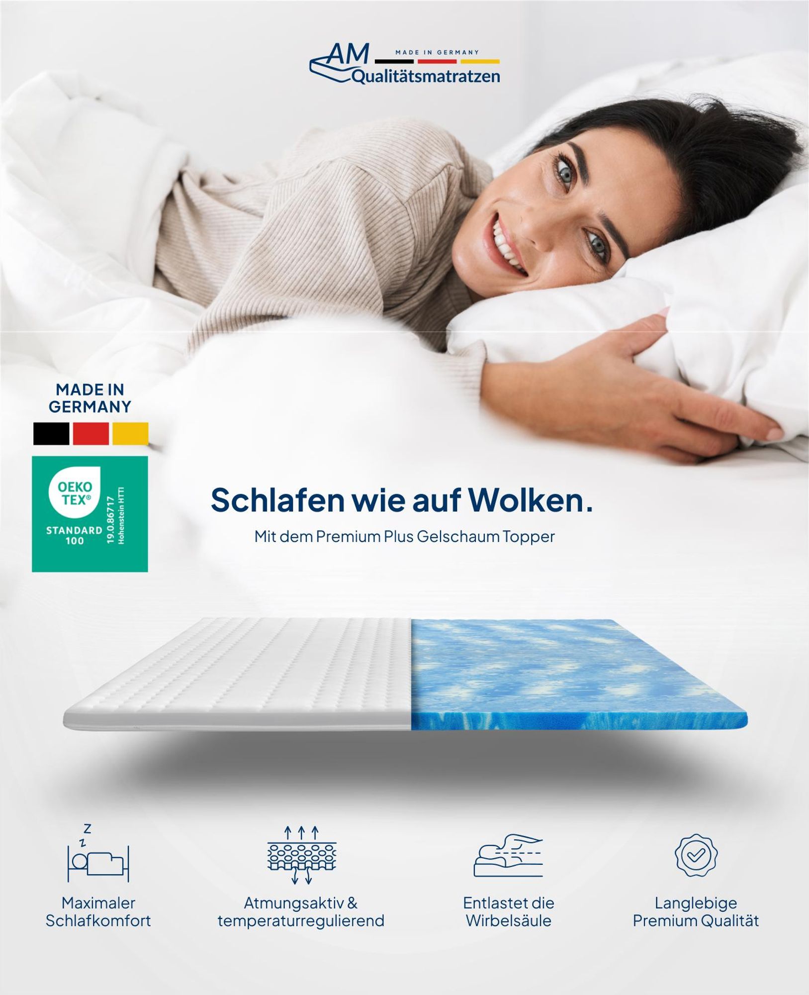 AM Qualitätsmatratzen | Premium Plus Gelschaum-Topper | 180x220 cm | 8 cm hoch | Bezug aus Lyocell | Antirutschfunktion | Umlaufendes Klimaband | Gel-Topper | 180 x 220 8cm