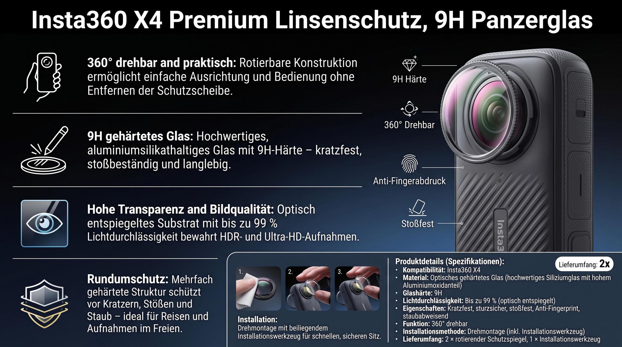 Insta360 X4 Premium Linsenschutz, 9H Panzerglas Drehbarer Objektivschutz, Kratzfest Stoßfest Anti-Fingerabdruck, Hochtransparenter Kameraschutz