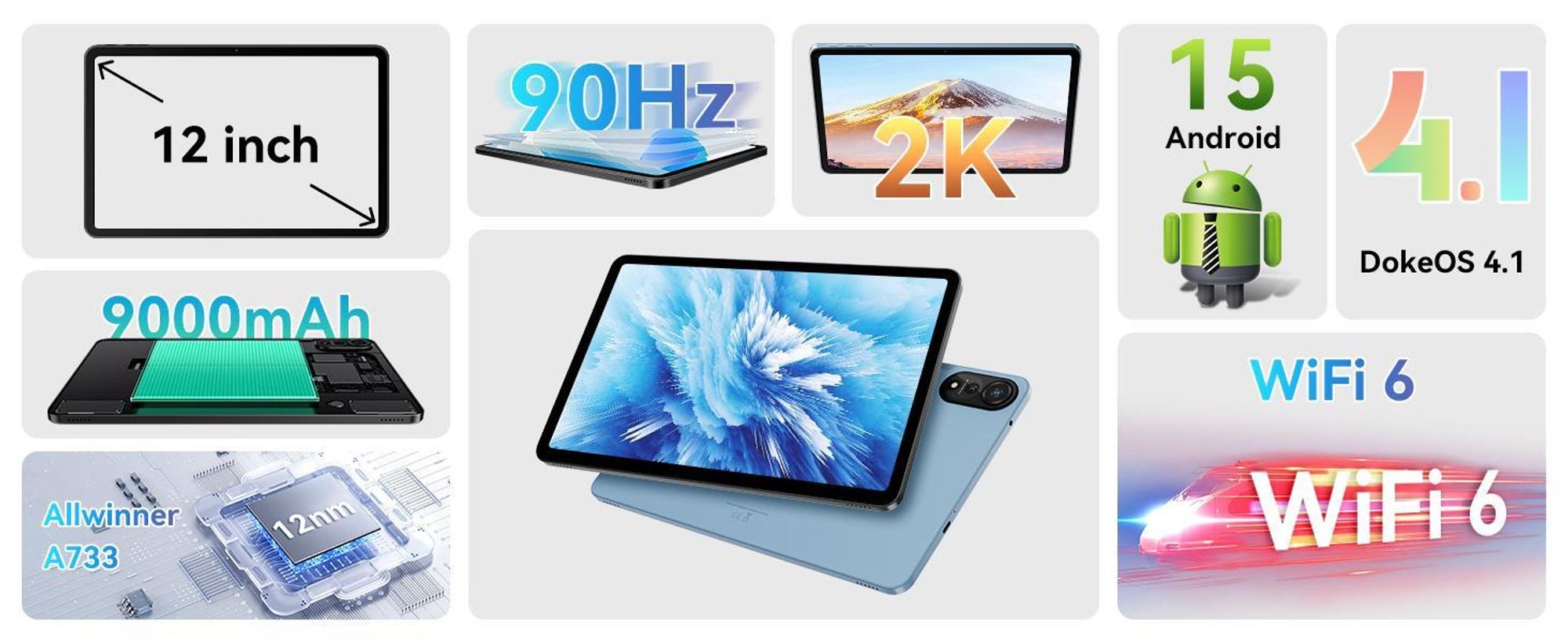 Blackview Tablet  Mega2wifi, 12 Zoll, 2K, FHD, 36(12+24)GB+256GB-Grey, Android 15,  incl. Tablet-Stift, Schutzhülle, 2000*1200, 9000mAh, Gemini AI