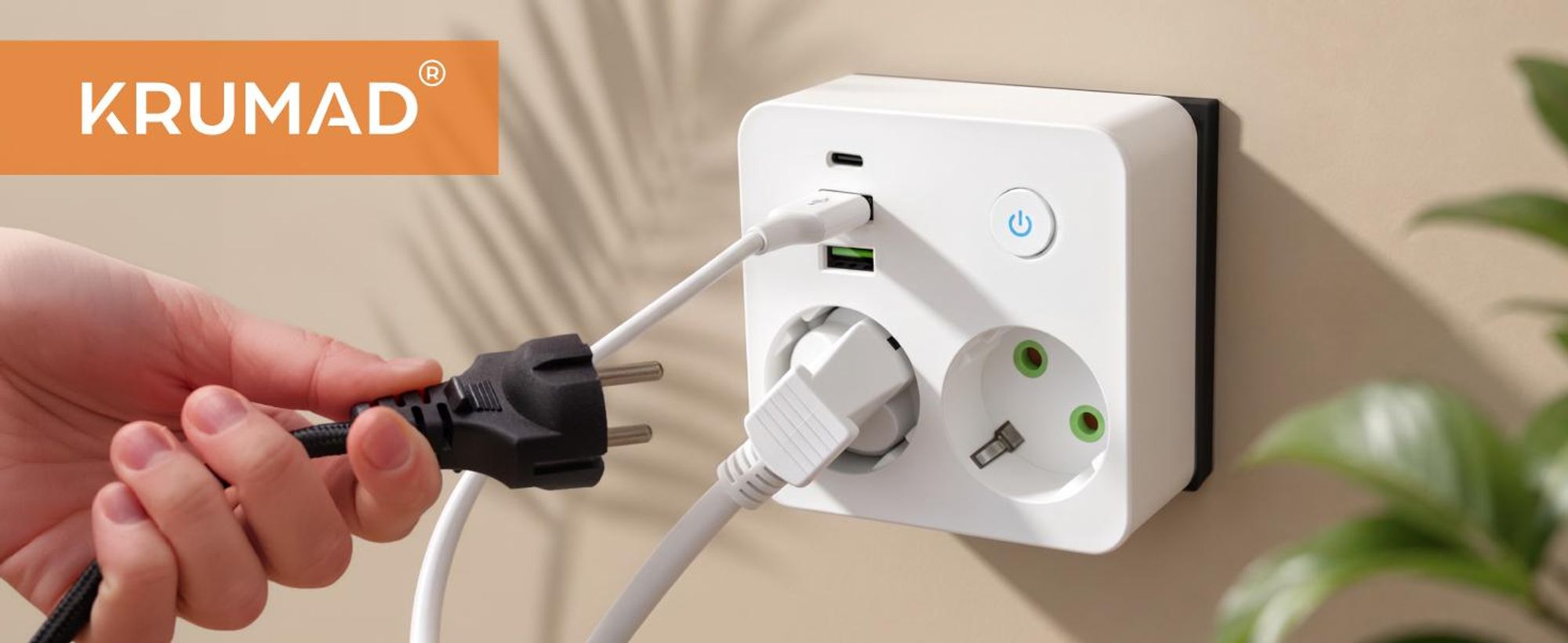 KRUMAD Steckdosenadapter 5in1 mit USB und USB-C, Mehrfachstecker Doppelsteckdose, 2-fach Steckdosenadapter ohne Kabel, kompakter Multistecker Weiß