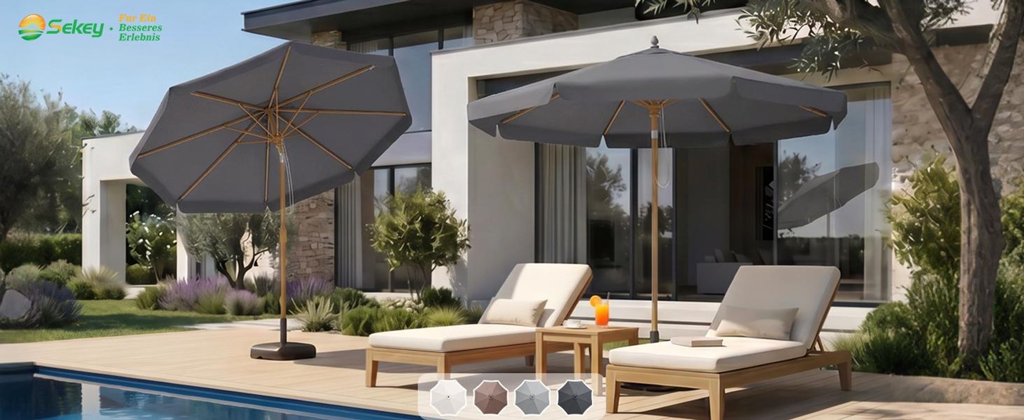 Sekey Balkonschirm 200 cm Ø Holzoptik, Knickbar, Stabiler Gartenschirm, UV-Schutz 50+, Sonnenschirm für Terrasse und Hof, Grau