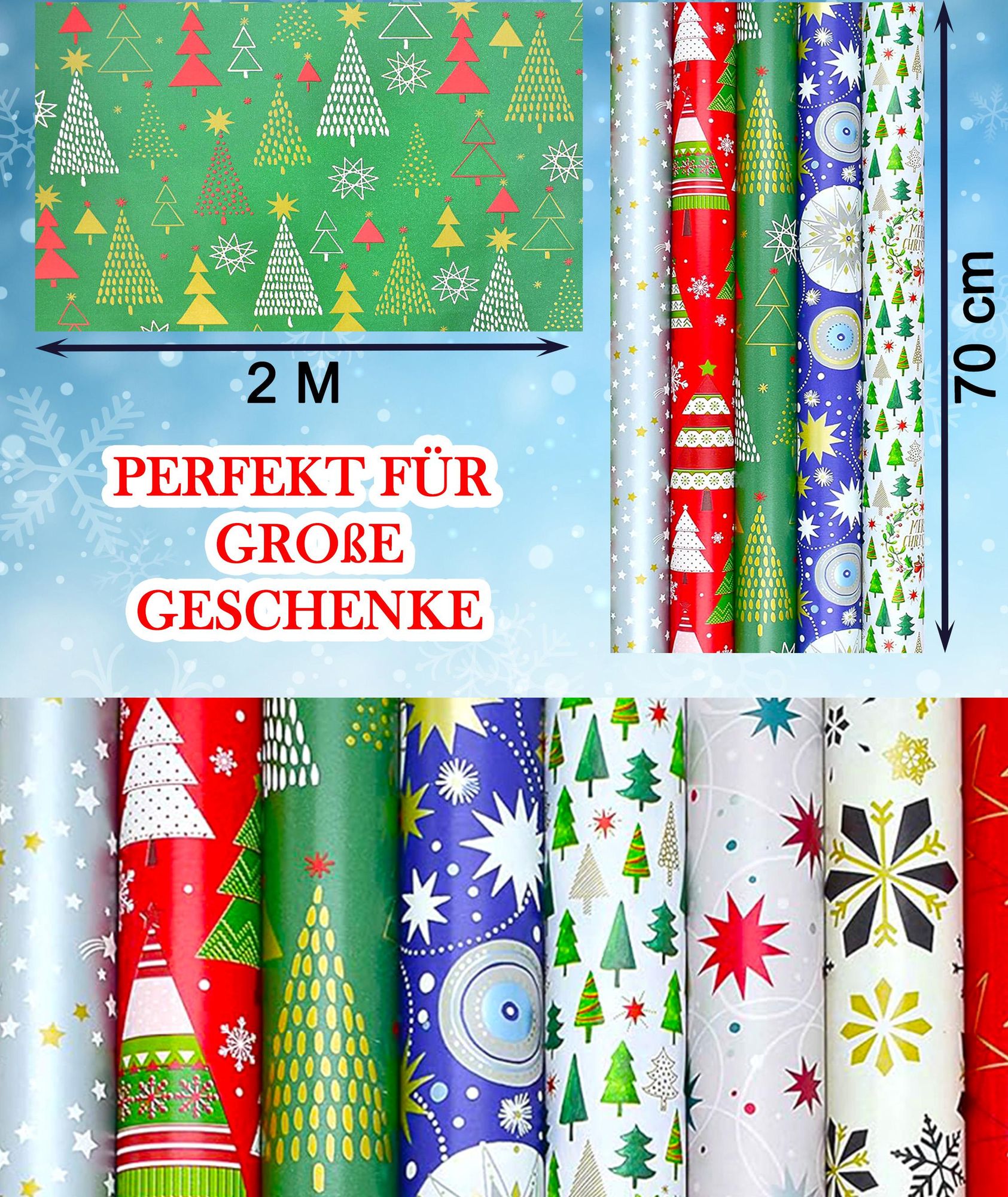30 Rollen Geschenkpapier Weihnachten Verpackung Weihnachtsgeschenkpapier Geschenkverpackung Geburtstag Feier Papier Mix 200x70cm
