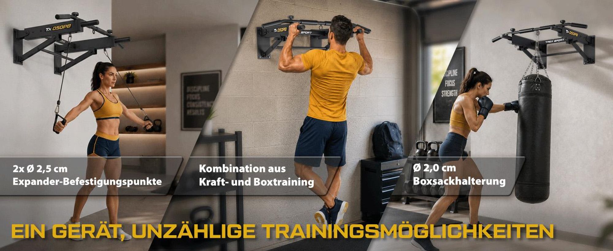 TREX SPORT Klimmzugstange zur Wandmontage klappbar TX-050PB | 6 rutschfeste Griffe, für Boxsack & Expander | Pull Up Bar für zuhause