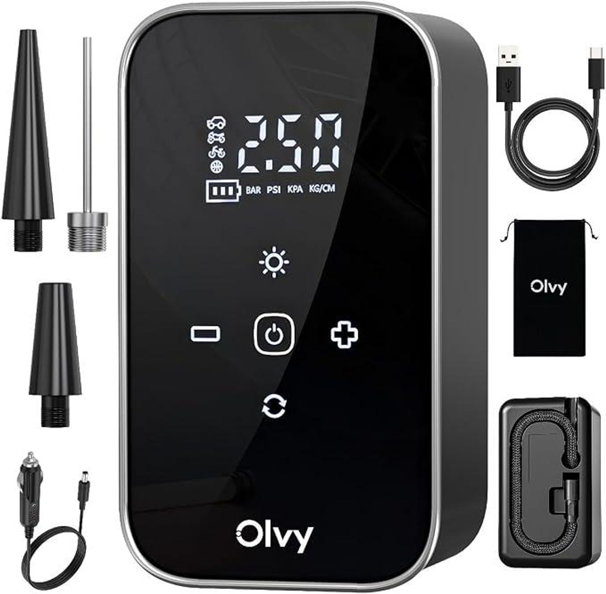 Olvy Elektrische luchtpomp met powerbank van 6000 mAh – 12V mini-compressor voor auto, fiets, ballen, luchtbed, display, LED, automatische uitschakeling