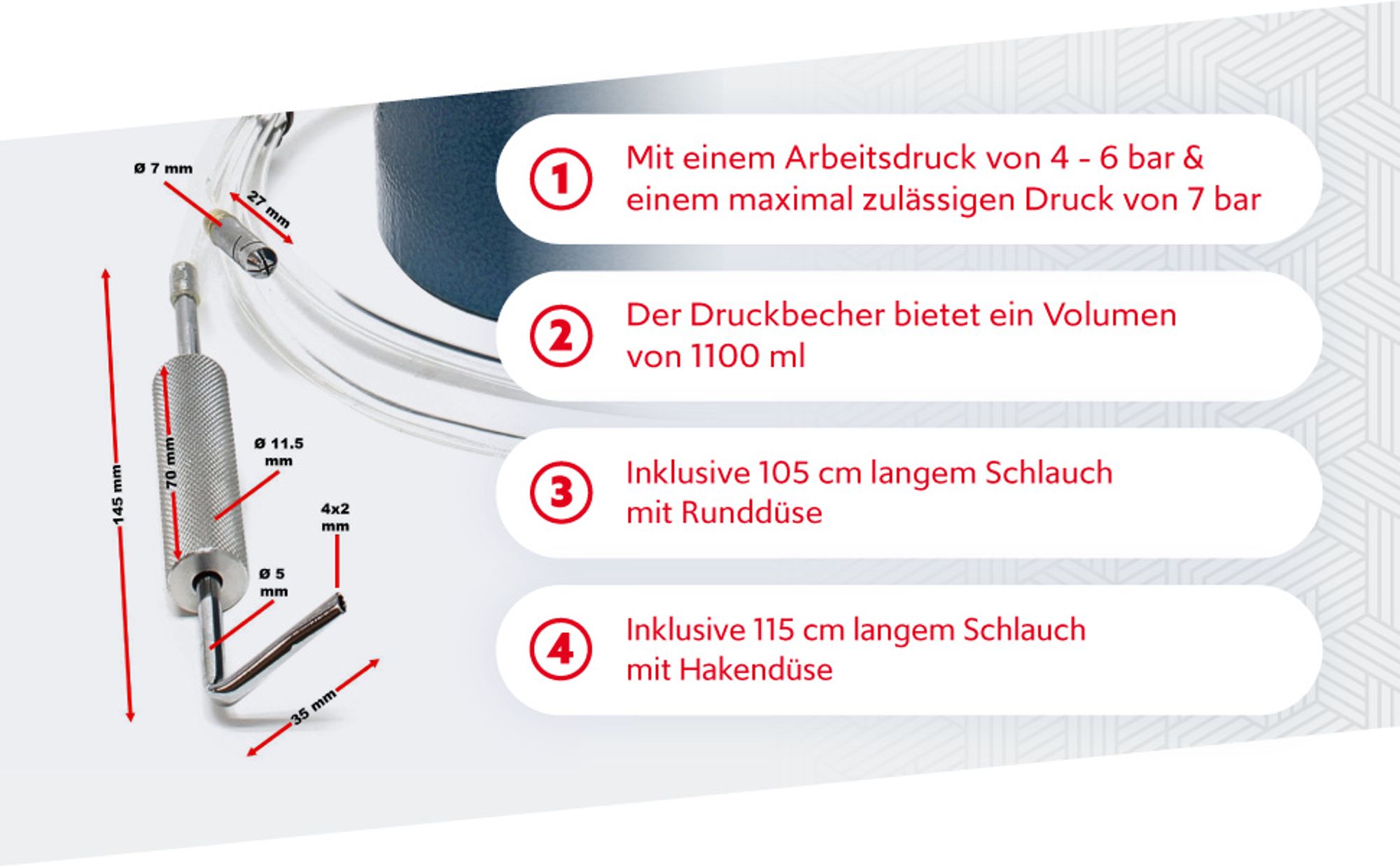 Druckbecherpistole 1100ml 4-6bar 1/4" Hohlraumpistole u. Schläuche Spritzpistole Hakendüse Runddüse
