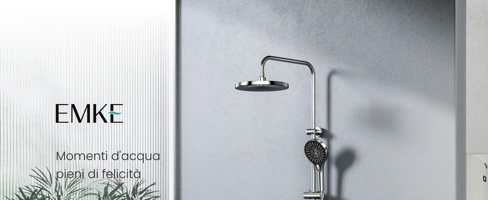 EMKE® Sistema doccia con termostatico cromo con illuminazione ambientale a LED blu, display digitale, doccia a pioggia 250 mm, bocca da bagno e ripiano in vetro F25
