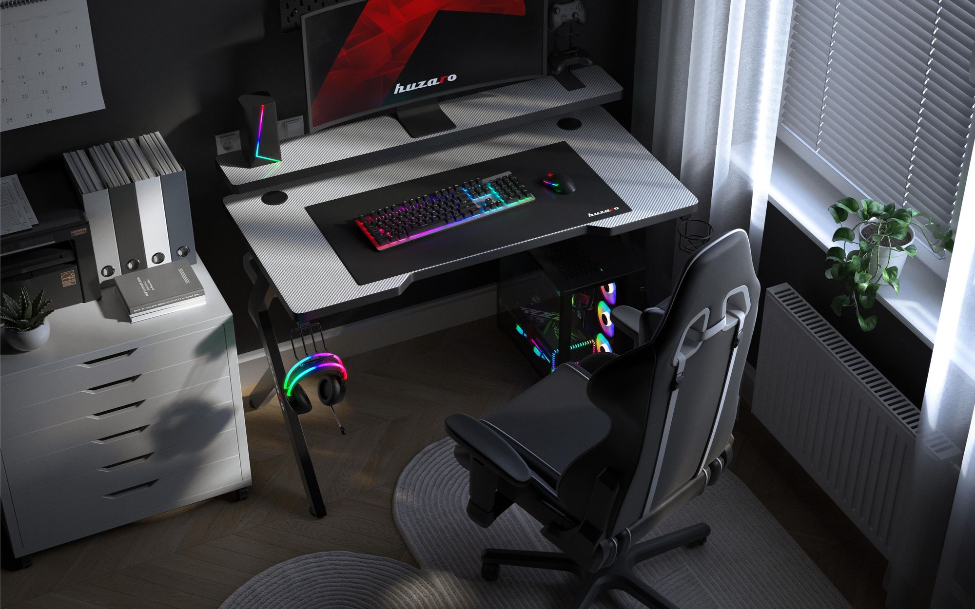 huzaro Hero 5.0 | Gaming Schreibtisch Computertisch Bürotisch | Arbeitszimmer Gamer | Monitorständer Carbon Tischplatte | 120 x 60 | Weiß