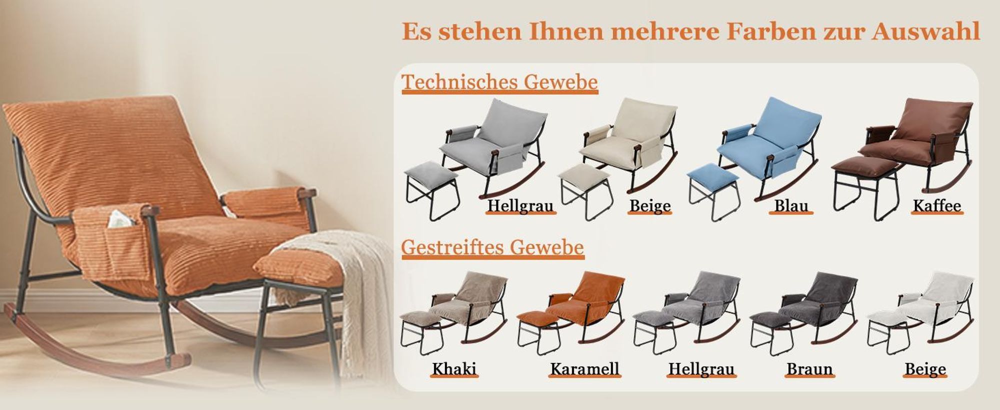 Stillstuhl-Schaukelstuhl mit Fußhocker, Seitentasche, Armlehnen und Holzgestell, Schaukelstuhl für Wohnzimmer, Schlafzimmer, Balkon, Babyzimmer, Nurse