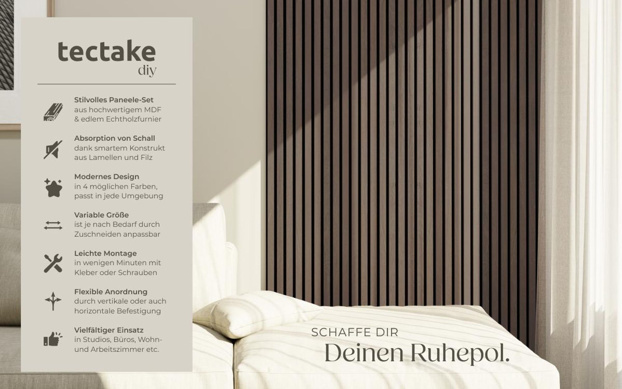 tectake® Akustikpaneele Sonic Wall Holzoptik in Eiche grau je 60 x 120 x 2,1 cm, Größe flexibel anpassbar